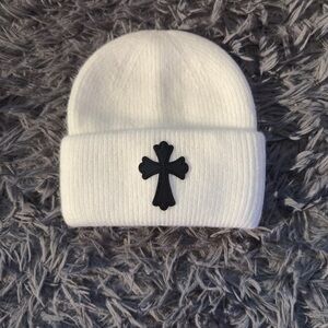 Chrome Hearts White Beanie with Black Cross